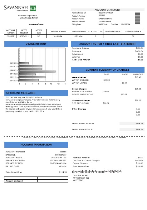 USA Georgia Savannah business utility bill template in Word and PDF formats